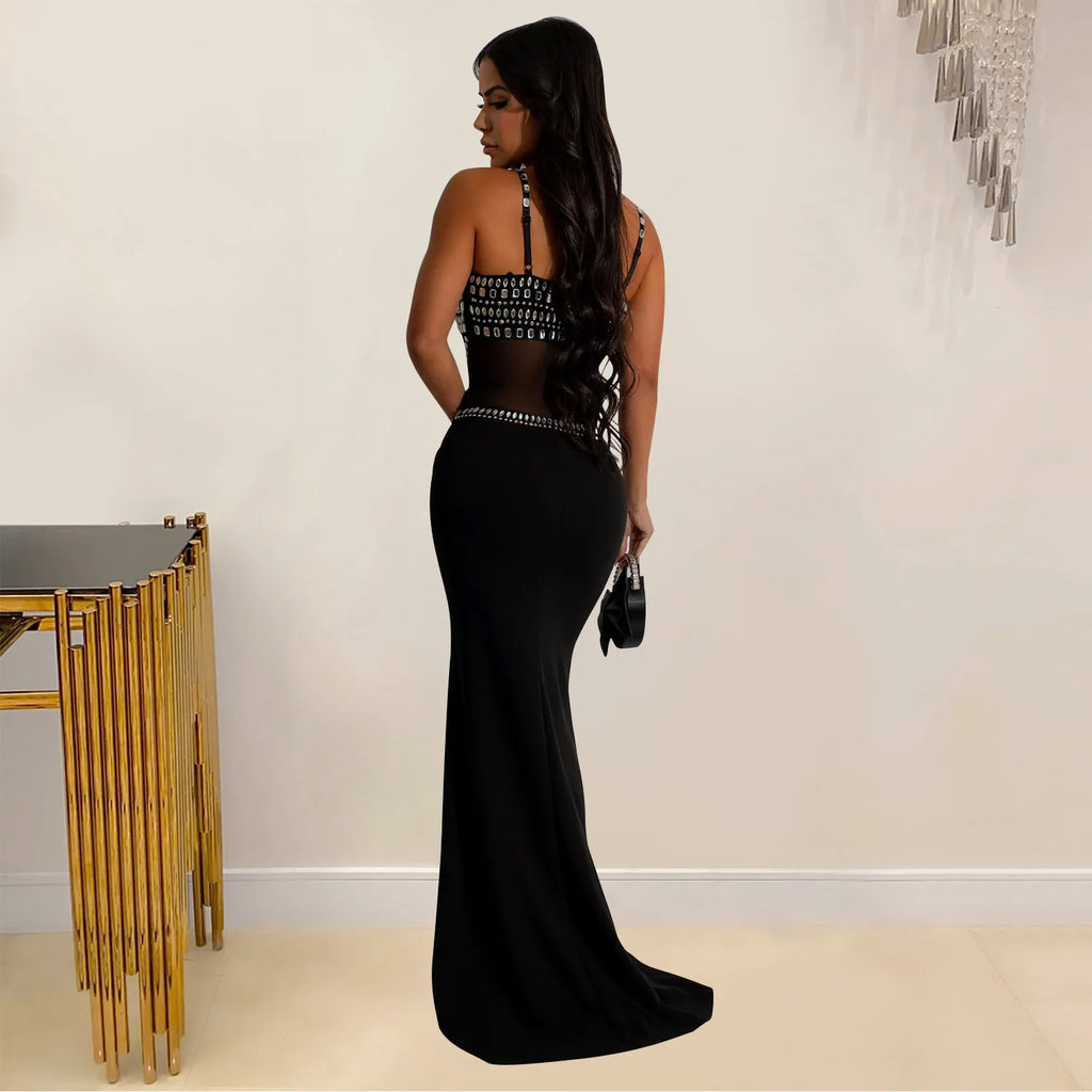 Stamford Diamond Mesh Sexy Transparent Lace Party Elegant Maxi Dress