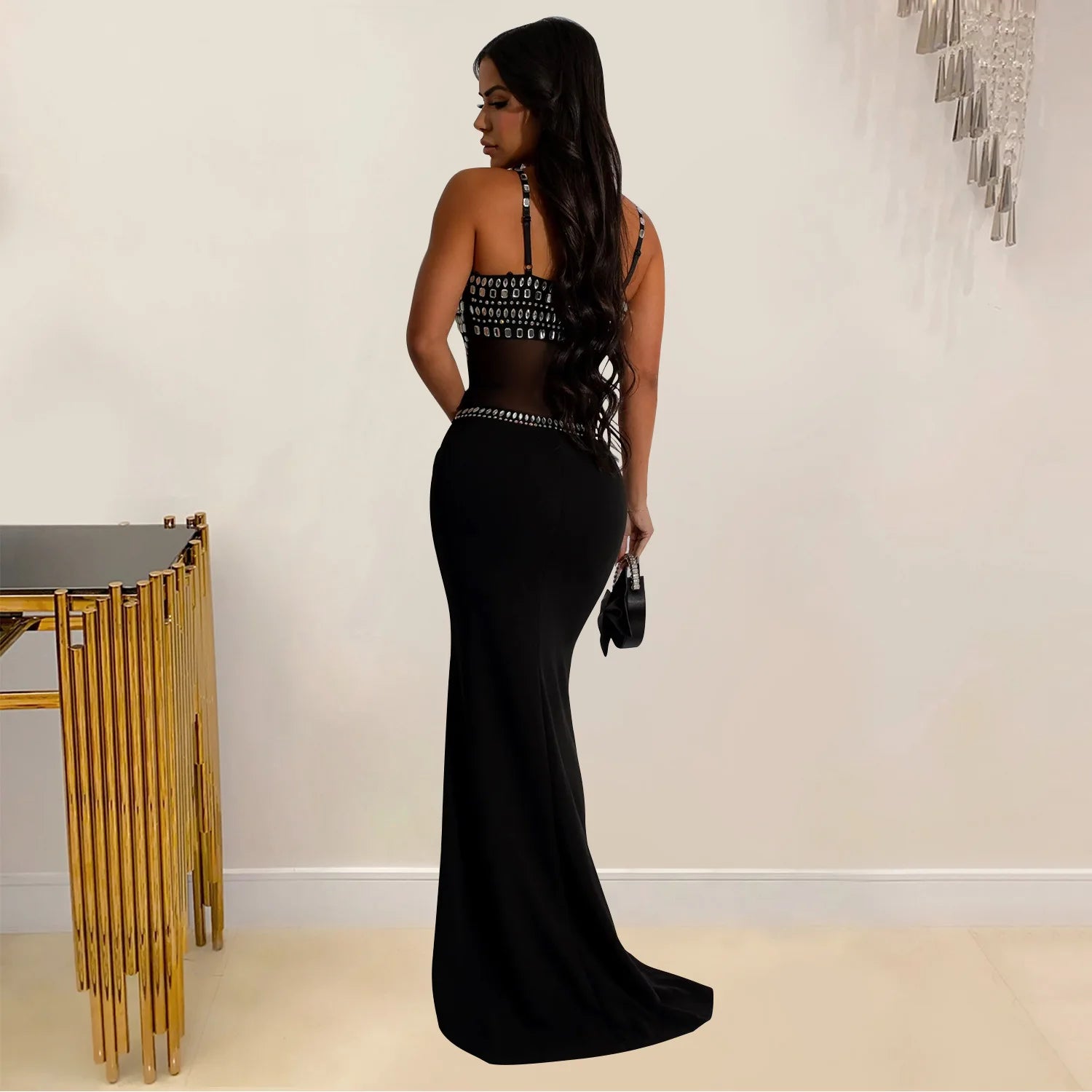 Stamford Diamond Mesh Sexy Transparent Lace Party Elegant Maxi Dress