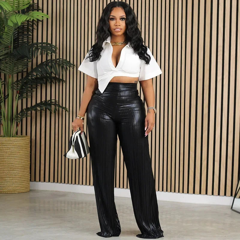 Nateya Elegant Metallic High Waist Pleated Straight Wide Leg Trousers