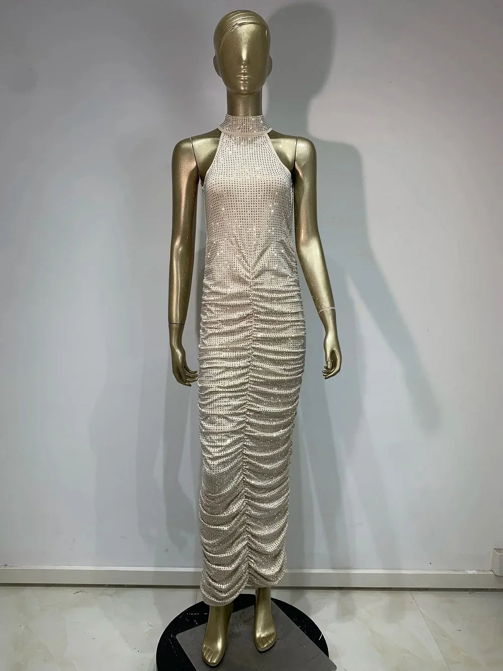 Yaphank Sleeveless Diamonds Backless Ruched Beige Maxi Long Dress