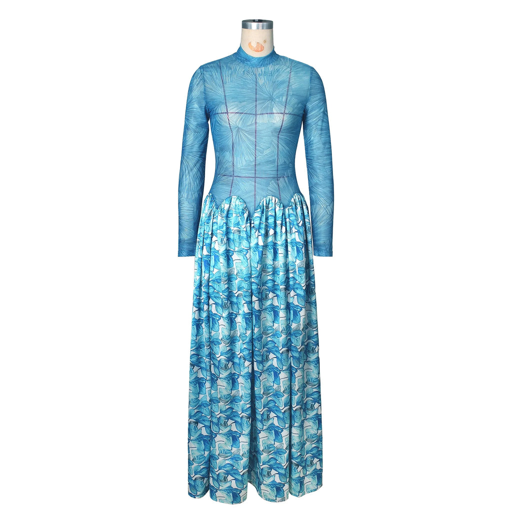 Passaic O Neck Fashion Long Sleeve Flower Printed Maxi Dress