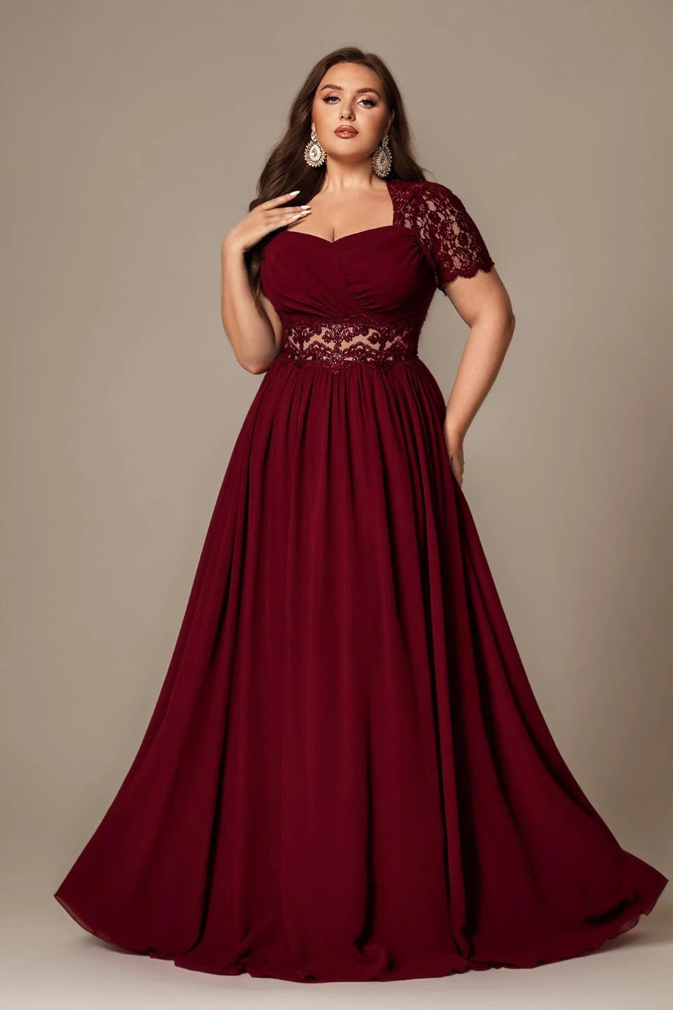 Paterson Plus Size A Line Lace Short Sleeved Formal Evening Gown Sheer High-Waisted Maxi Dress
