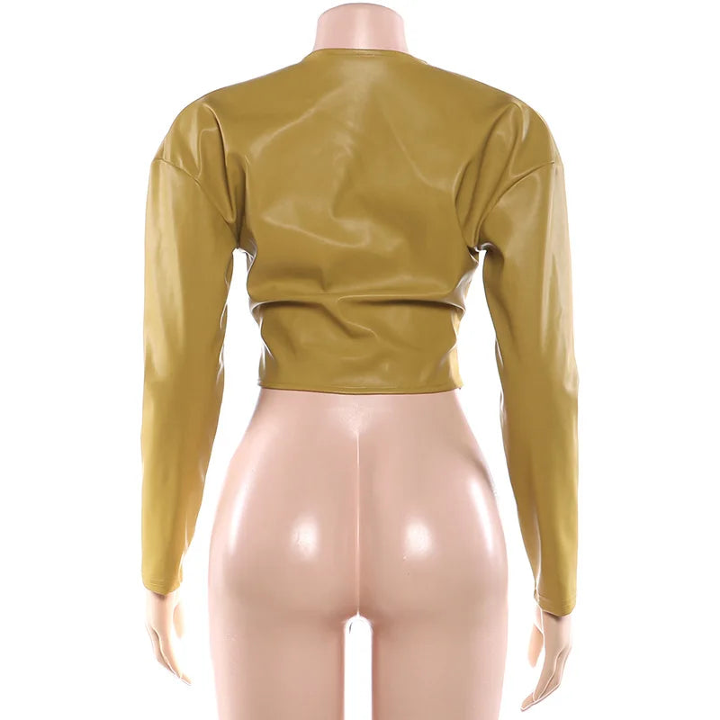 Ridgefield Solid Color Leather Patchwork Long Sleeves Crop Matching Set