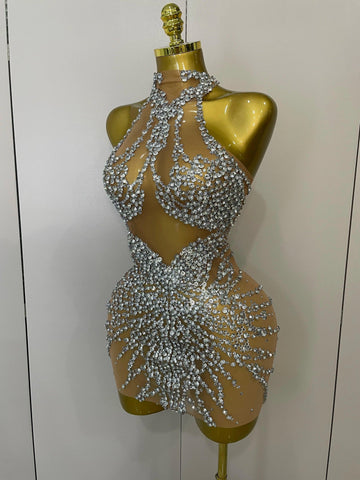 Elmira Rhinestones Sexy Mesh See Through Dress Party Evening Dress