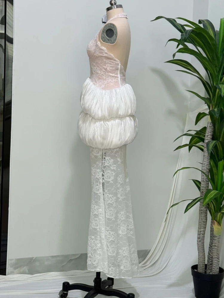 Cotui Sexy Halter Neck Lace Patchwrok Tiered Ruffles Long Backless Slim Dress