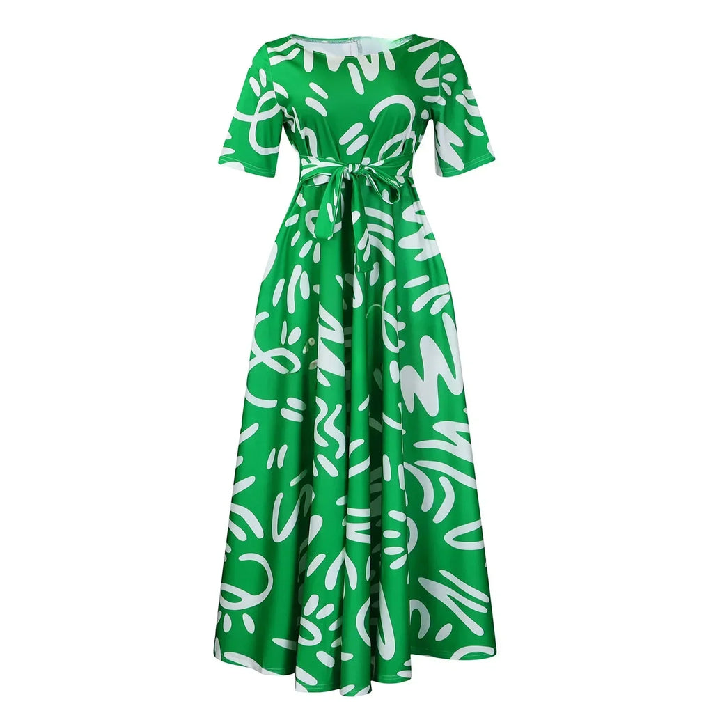 Printed Belted Dress Elegant  Knee-Length Round Neck Short Sleeve Dress