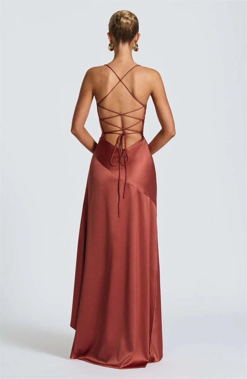 Haverstraw Satin Spaghetti Strap Ruffle Sexy Off-shoulder Sleeveless Backless Maxi Dress