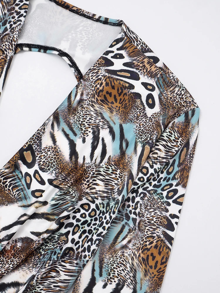 Chinatown Swing Collar Shirring Bell Sleeve Backless Sexy Stretch Leopard Print Suit