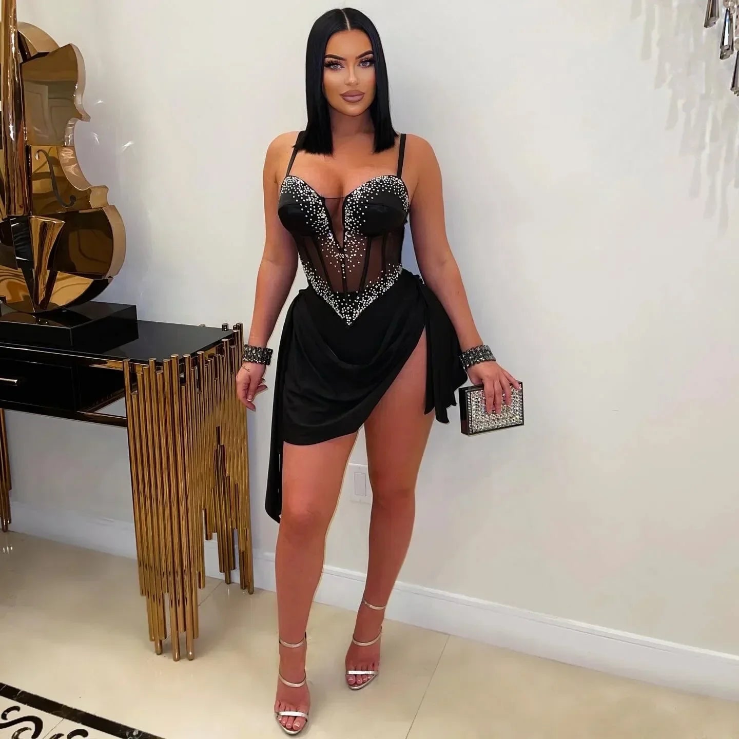 Mapleton Rhinestones Mesh Tunic Sleeveless Split Bodycon Midi Maxi