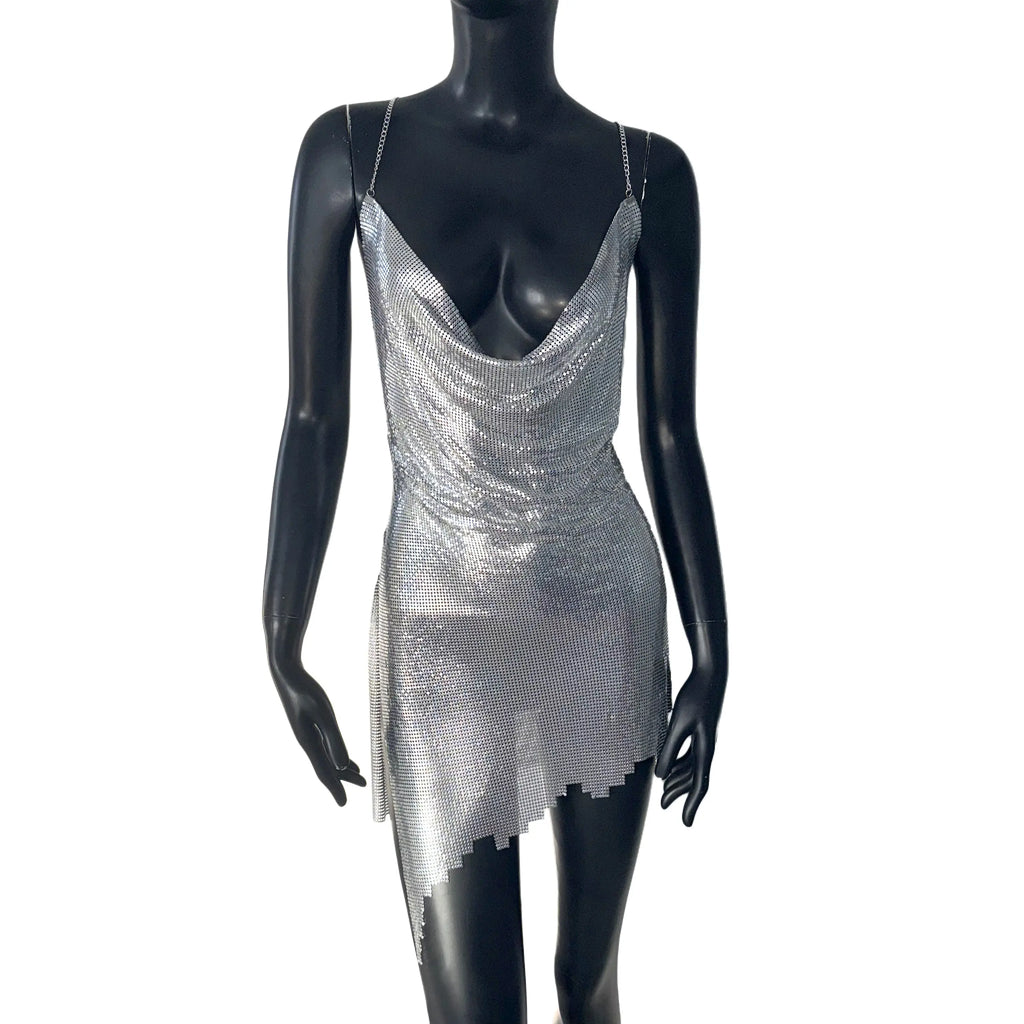 Mount Kisco Metal Sequins Backless Halter Neck V Neck Mini Dress