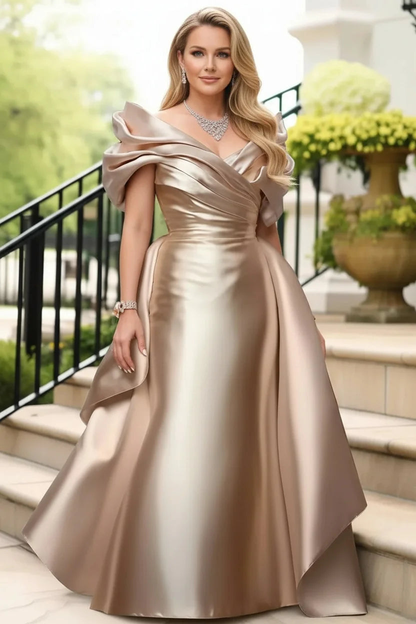 Morristown Plus Size Satin Evening Off Shoulder Puff Sleeve Solid Color Maxi Dress