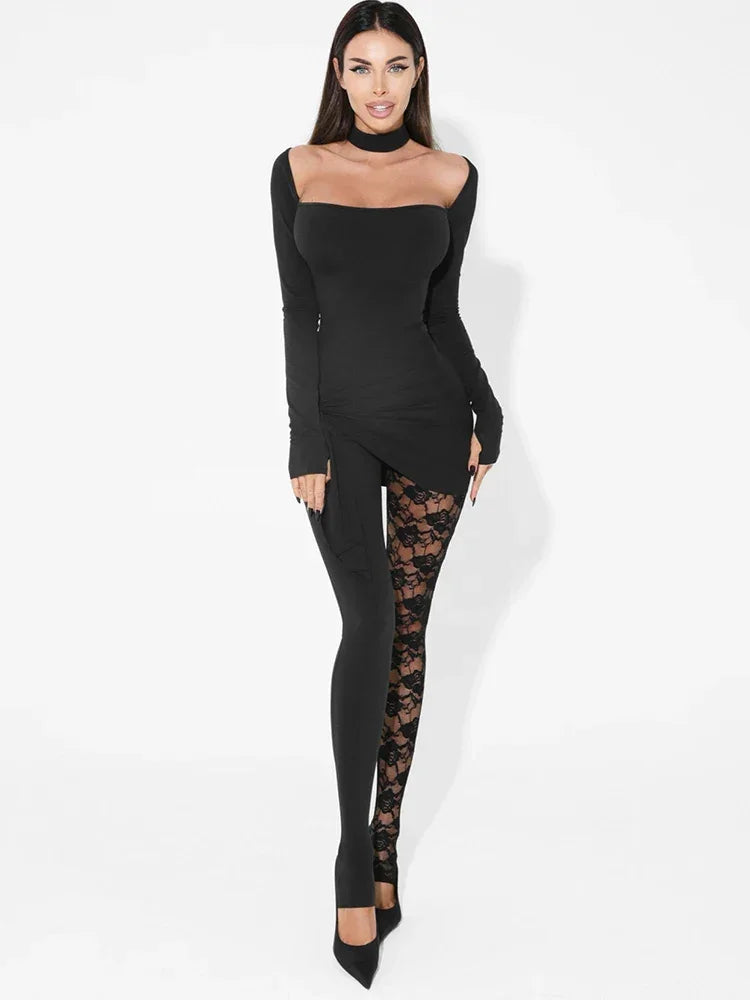 Port Chester Long Sleeve Lace Patchwork Square Collar Sexy Jumpsuits