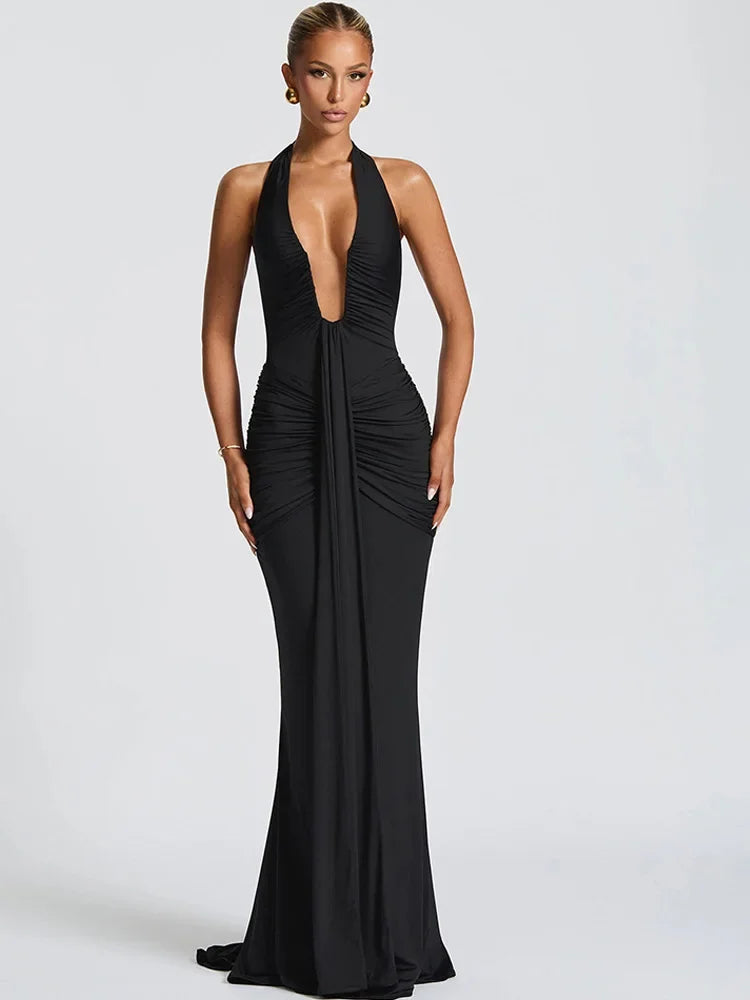 Coney Island Halter Plunging V Neck Ruched Long Straps Maxi Dress