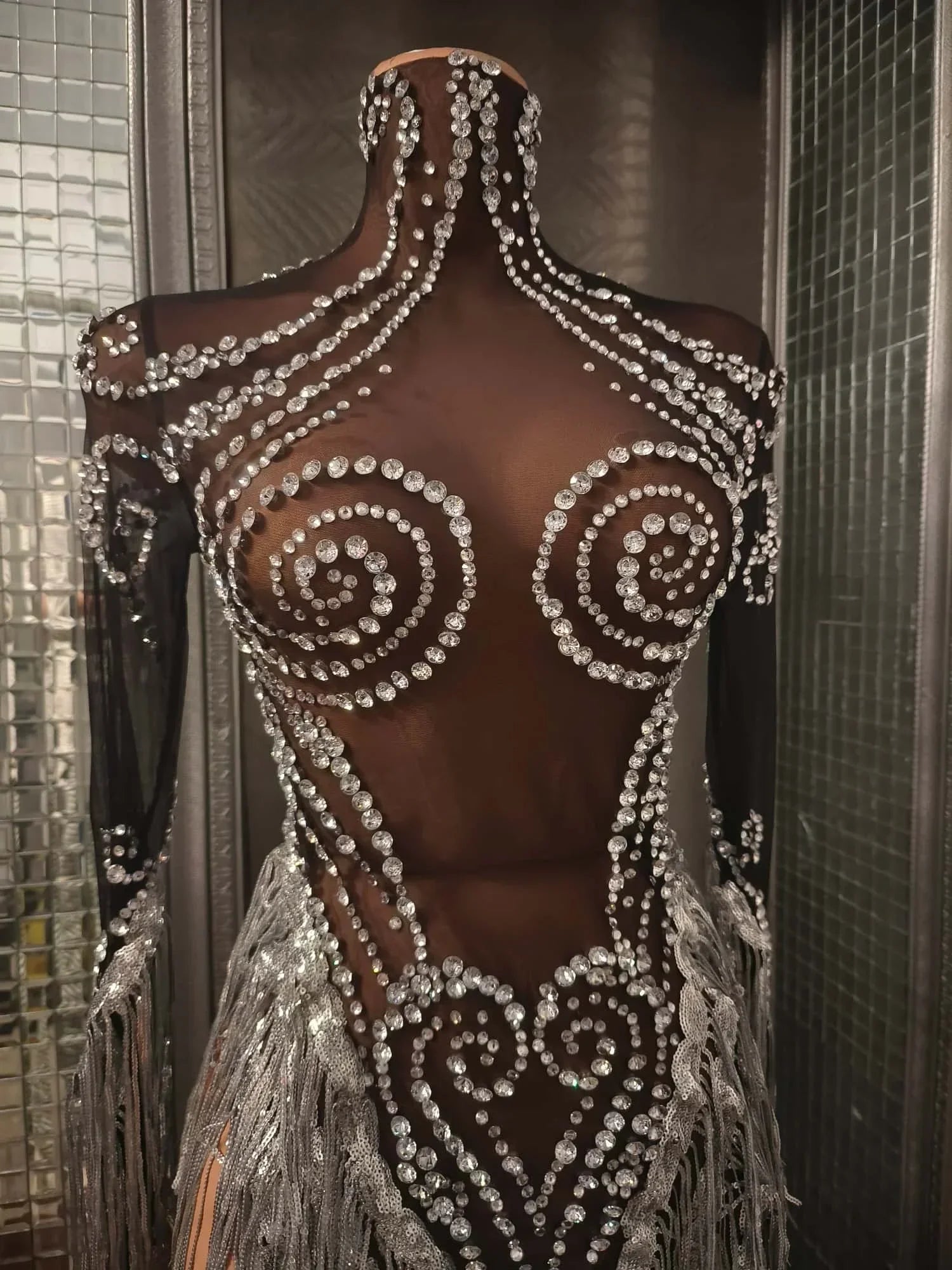 Carbondale Sparkly Rhinestone Tassel See Through Mesh Mini Dress
