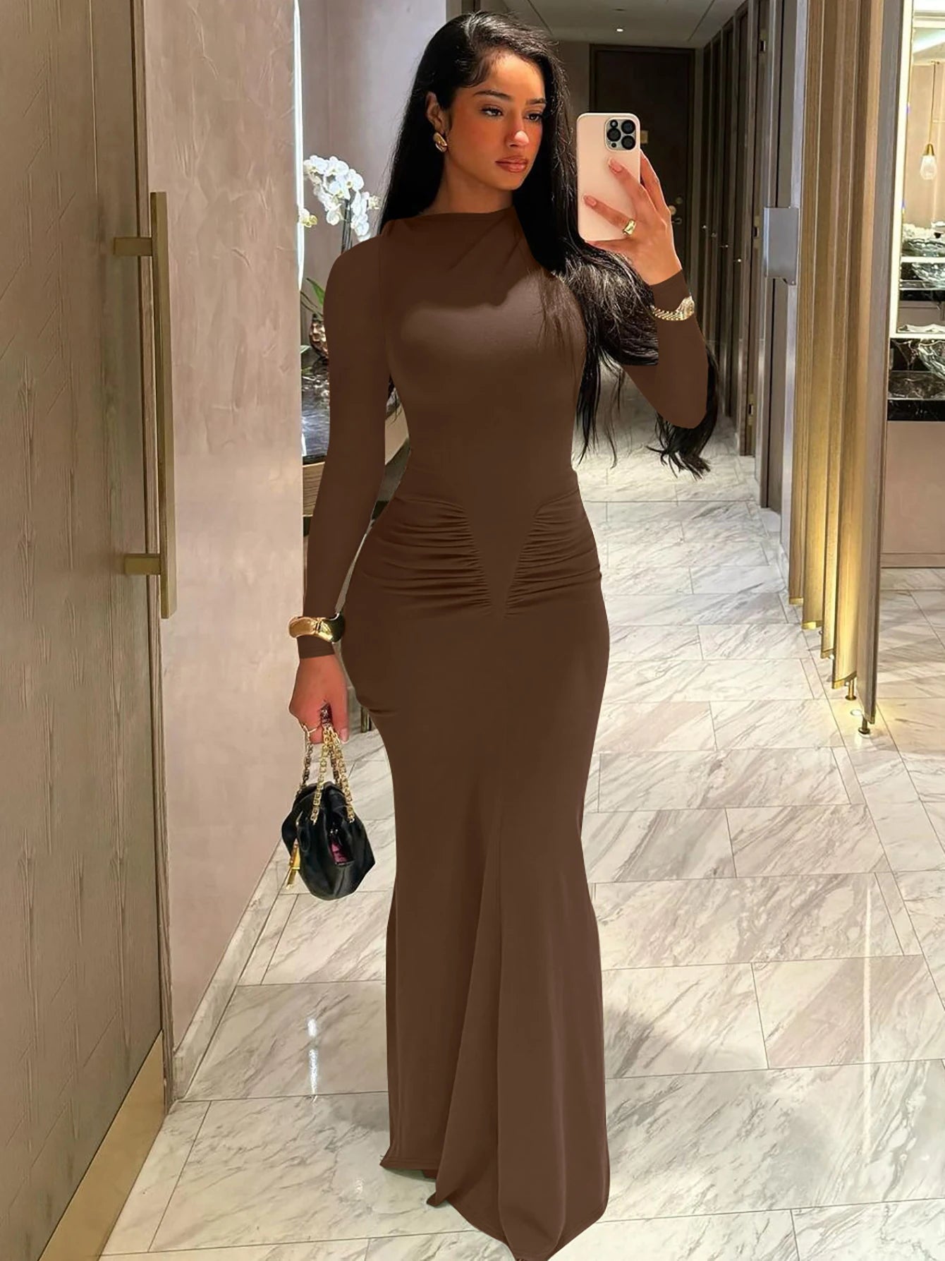 Shore Beach Solid Long Sleeve Draped Sexy Bodycon Maxi Party Dress