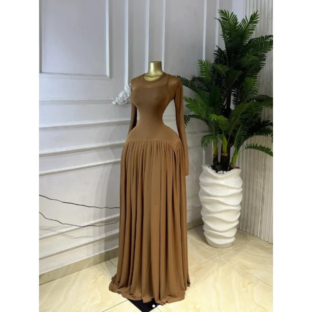 O Neck Mesh Long Sleeve Pleated Sexy Evening Party Long Dress