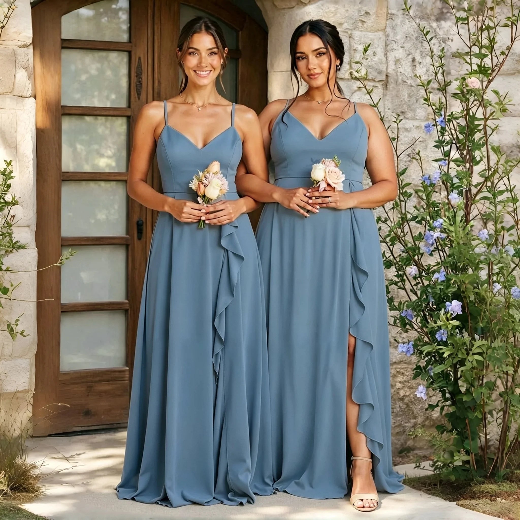 Alma Chiffon Bridesmaid Spaghetti Strap V Neck Cascading Ruffle High Side Slit A Line Dress