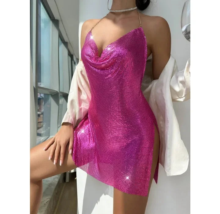 Square Backless Sequin Suspender V-neck Halter Neck Split Dress