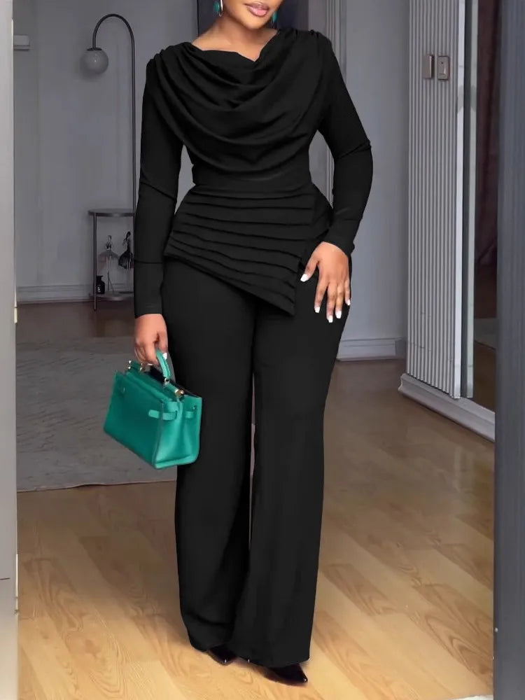 Birmingham Swing Collar Ruched Jumpsuit Long Sleeve Solid Elegant Color