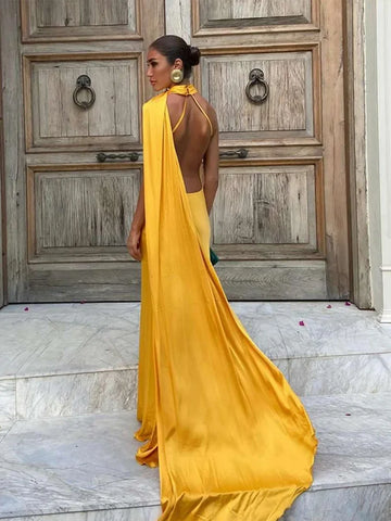 Meadville Elegant Ribbon Halter Solid Off Shoulder Sleeveless Backless Slim Maxi Dress