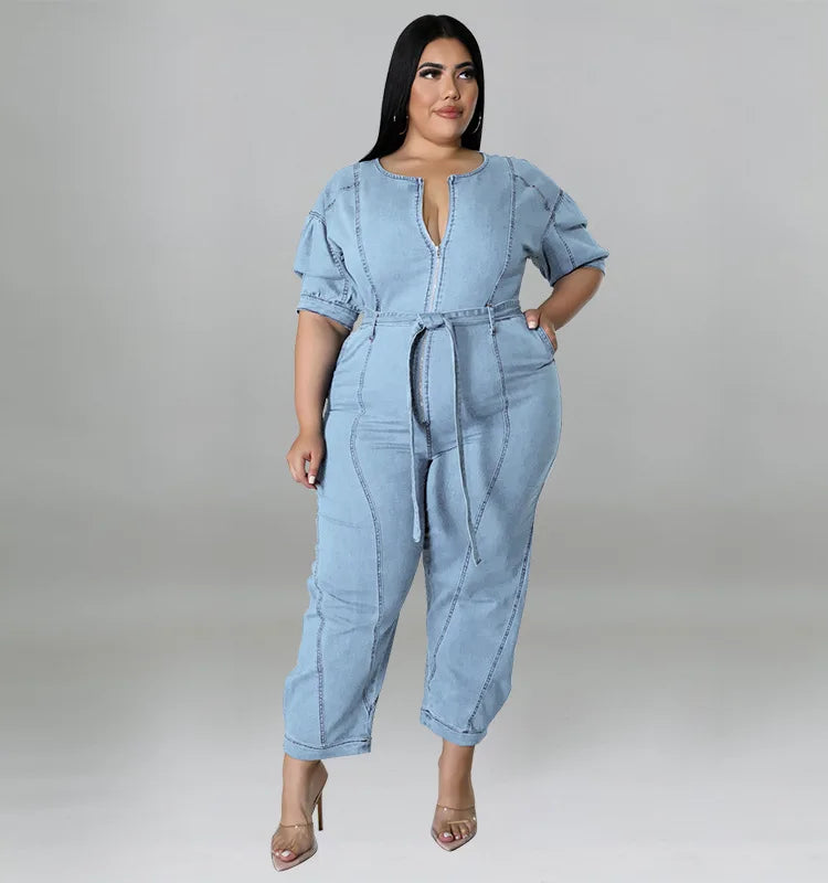 Plus Size Half Zipper Front Belted Jumpsuit Women New Streetwear Puff Sleeve Fashion Washed Jumpsuit