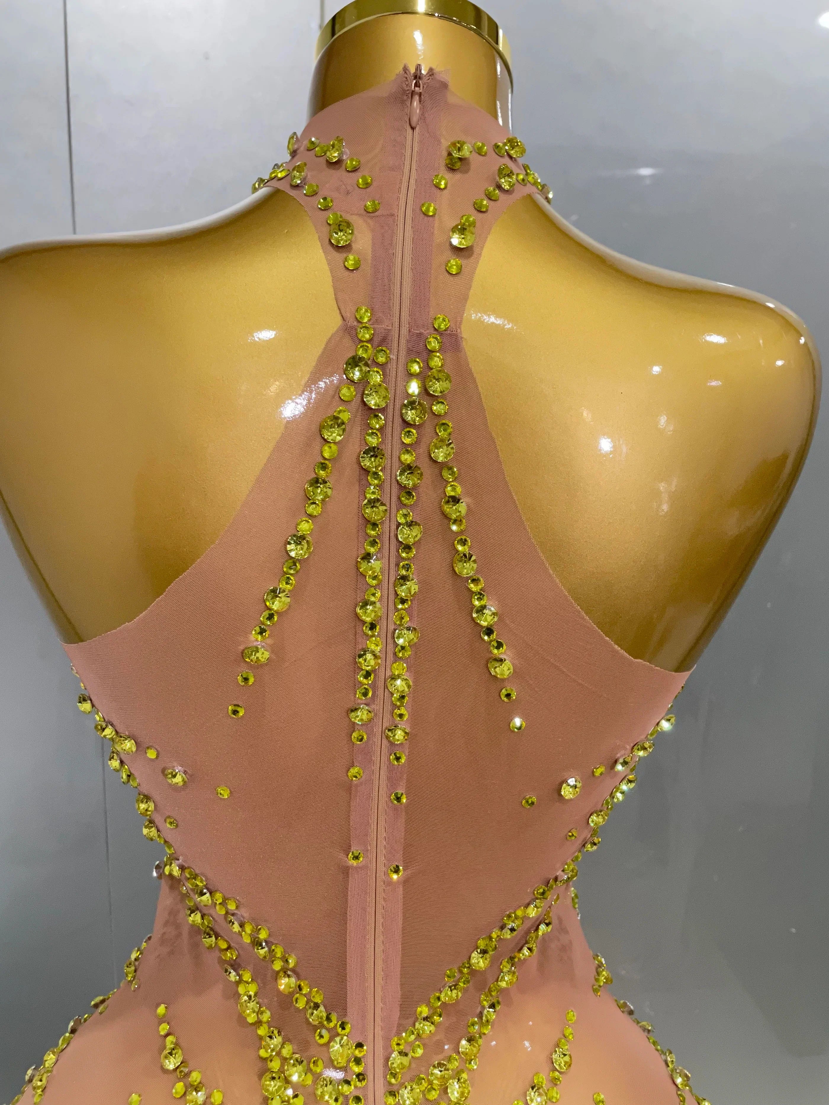 Elmira Rhinestones Sexy Mesh See Through Dress Party Evening Dress