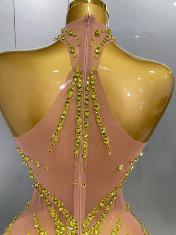 Elmira Rhinestones Sexy Mesh See Through Dress Party Evening Dress