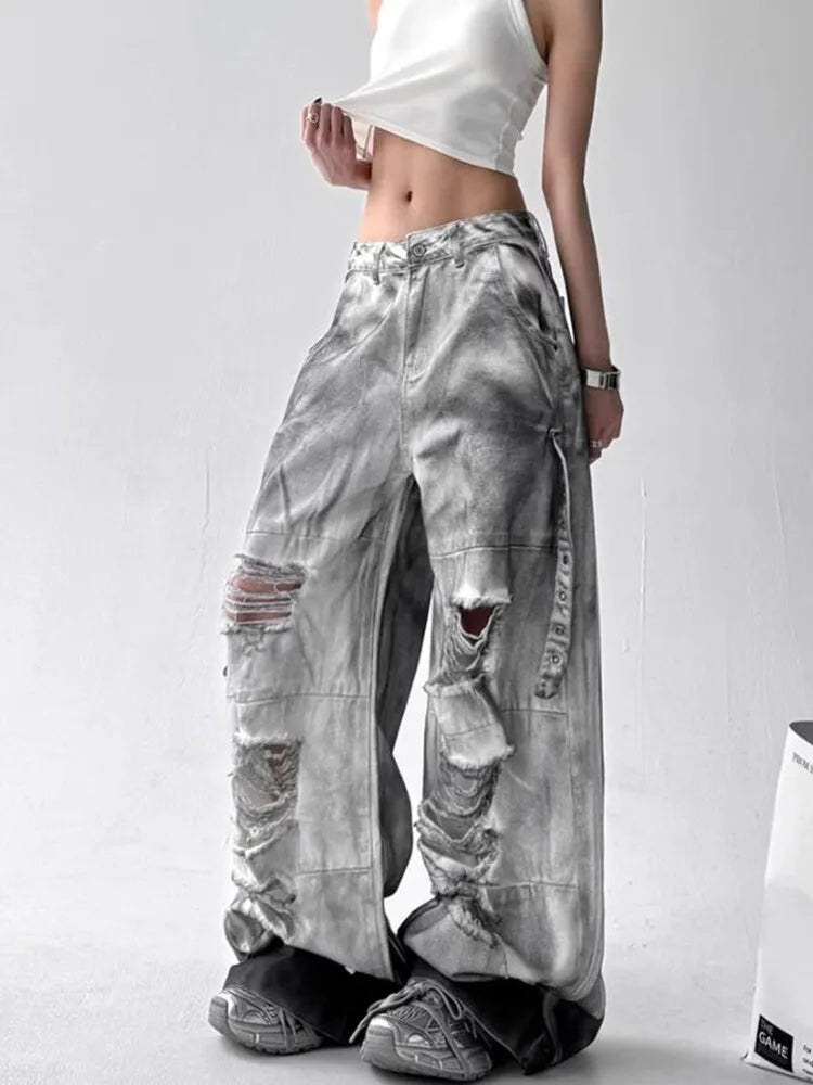 Jeans American High Street Ripped Straight Wide-Leg Jeans For Women Design