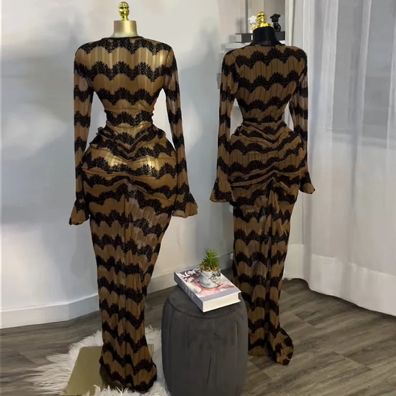 Kansas City Flare Full Sleeve Wave Striped Ruched Stacked Bodycon Long Maxi Dress