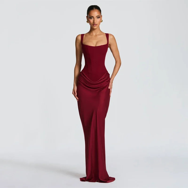Tapansee Solid Sexy Pleated Strapless Off Shoulder Backless High Waist Split Maxi Dress