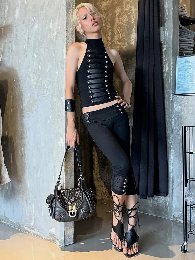 Perla Sexy Button Faux Leather Two Piece Sets