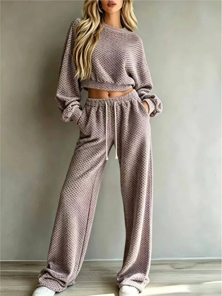 Eimy Long Sleeve Textured Lounge Wear Two Piece Sets