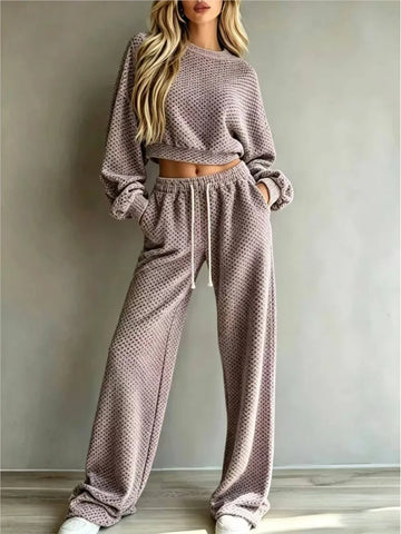 Eimy Long Sleeve Textured Lounge Wear Two Piece Sets