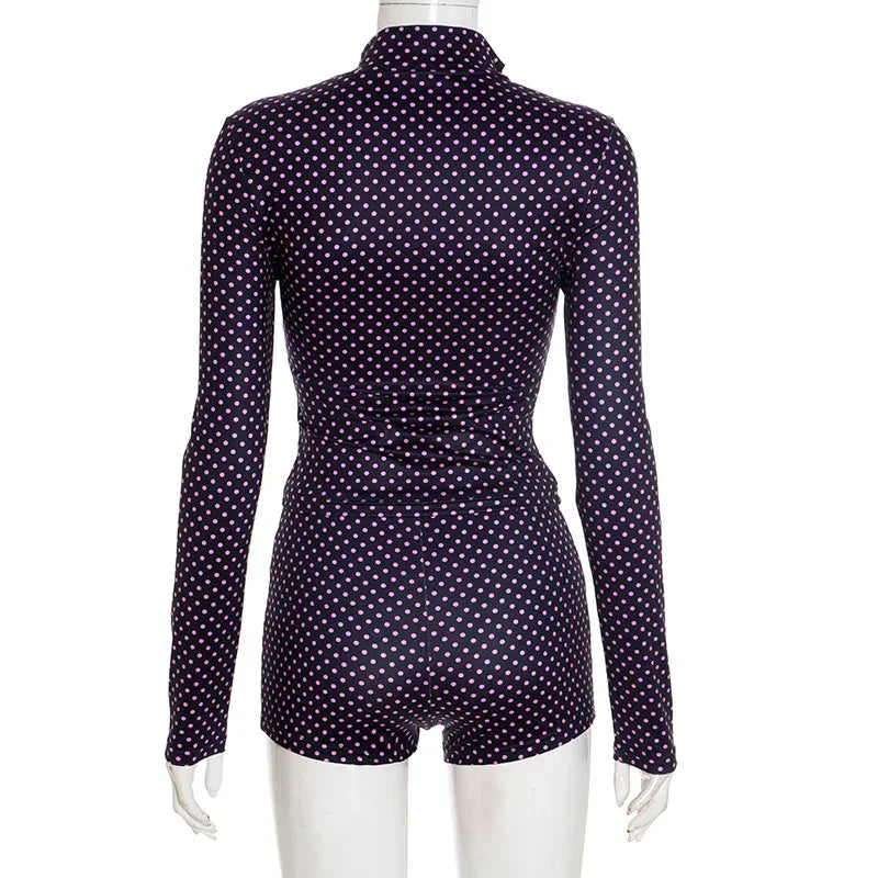 Mattituk Puss Polka Dot Print Women Tracksuit Zip Crop Two Piece Set