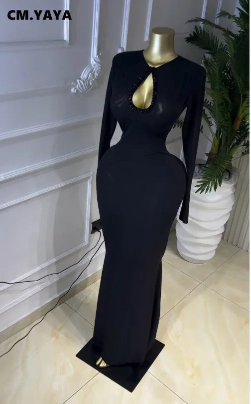 Hollow Out O Neck Long Sleeve Bodycon Sexy Birthday Party Maxi Long