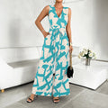 Summer Fashion Vacation Style Jumpsuits for Women Casual V Neck Sleeveless Color Blocking Lace Up High Waist Wide Leg Jumpsuit