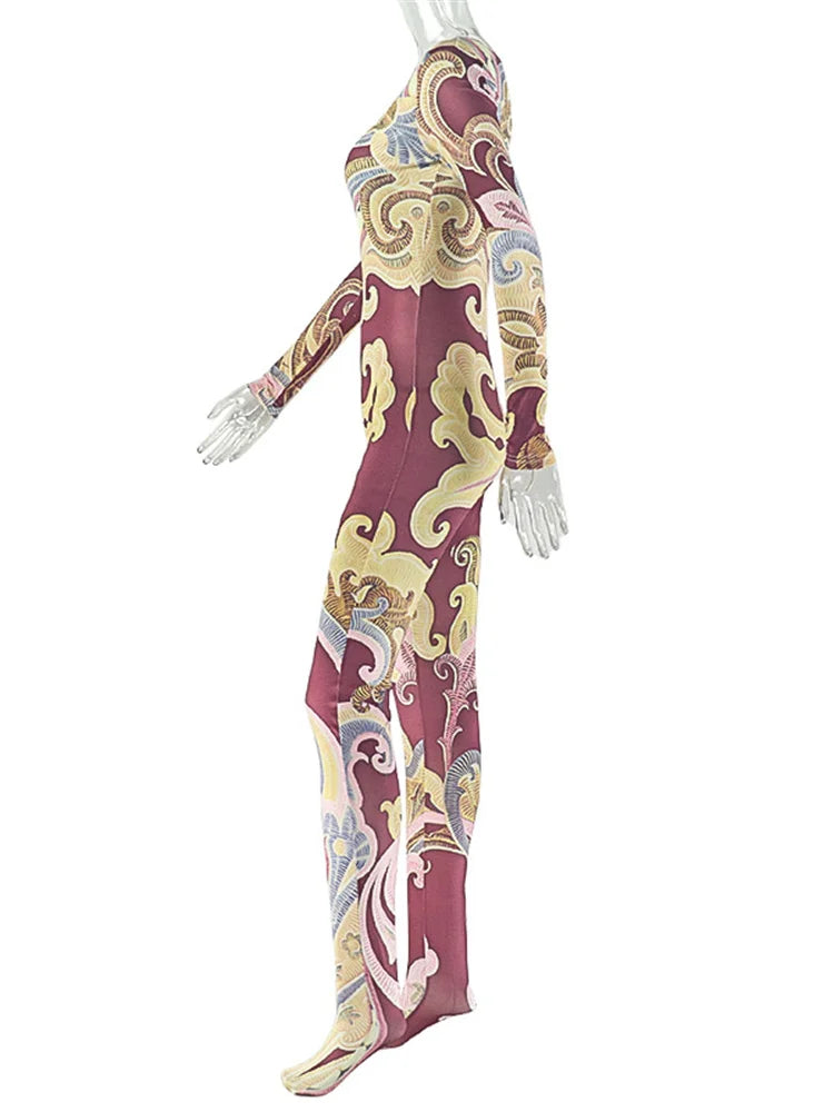 China Town Fashion Art Colorful Print o-Neck Full Sleeve Skinny Peach Jumpsuit