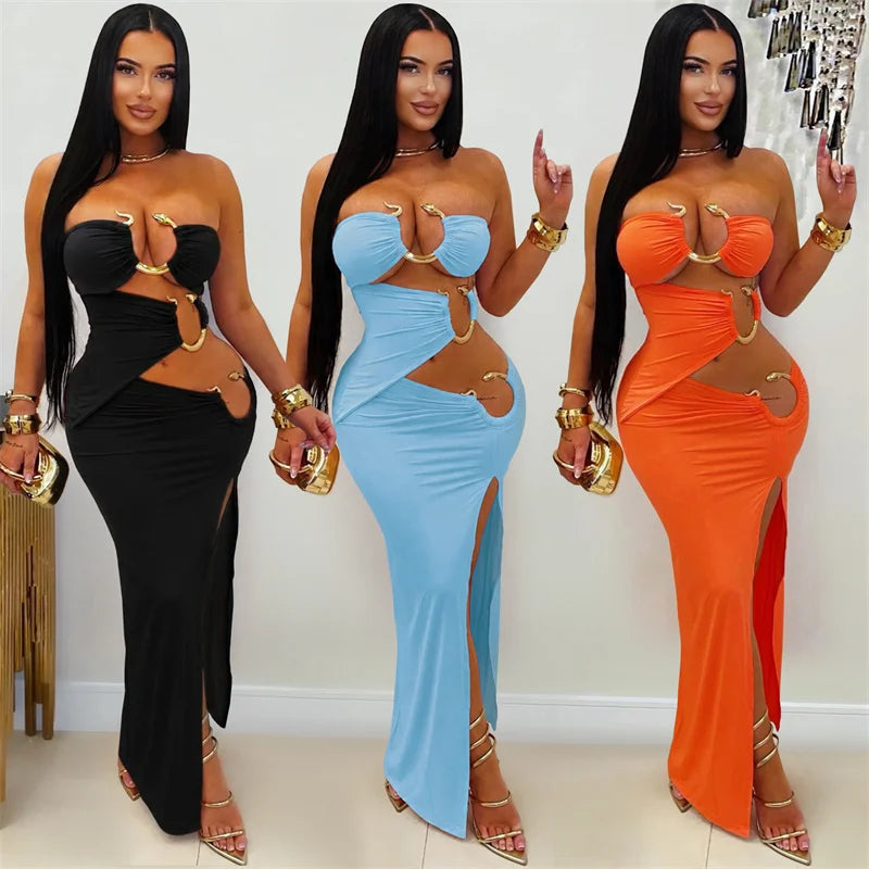 Alabama Metal Ring Bandage Strapless Night Hollow Out Bodycon Maxi Dress