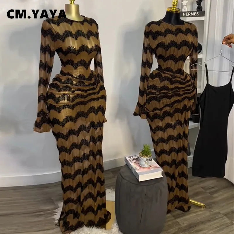 Kansas City Flare Full Sleeve Wave Striped Ruched Stacked Bodycon Long Maxi Dress