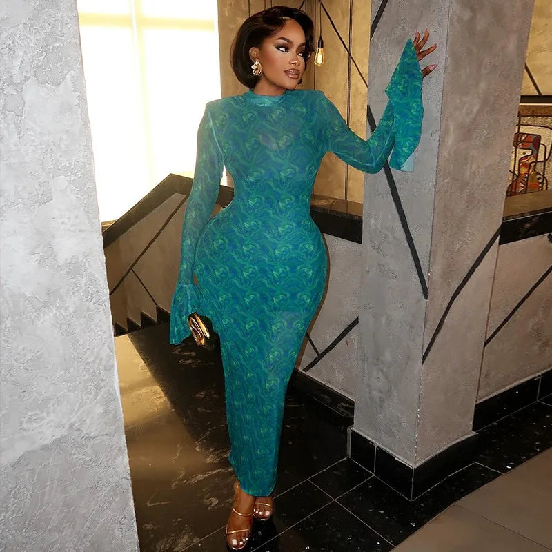 Retro Print O-Neck Long Flare Sleeve Shoulder Pad Waistband Hips Wrapped Long Dress