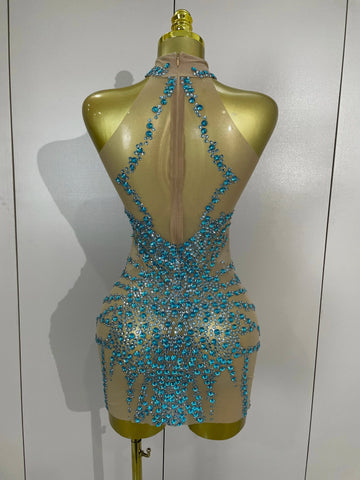 Elmira Rhinestones Sexy Mesh See Through Dress Party Evening Dress