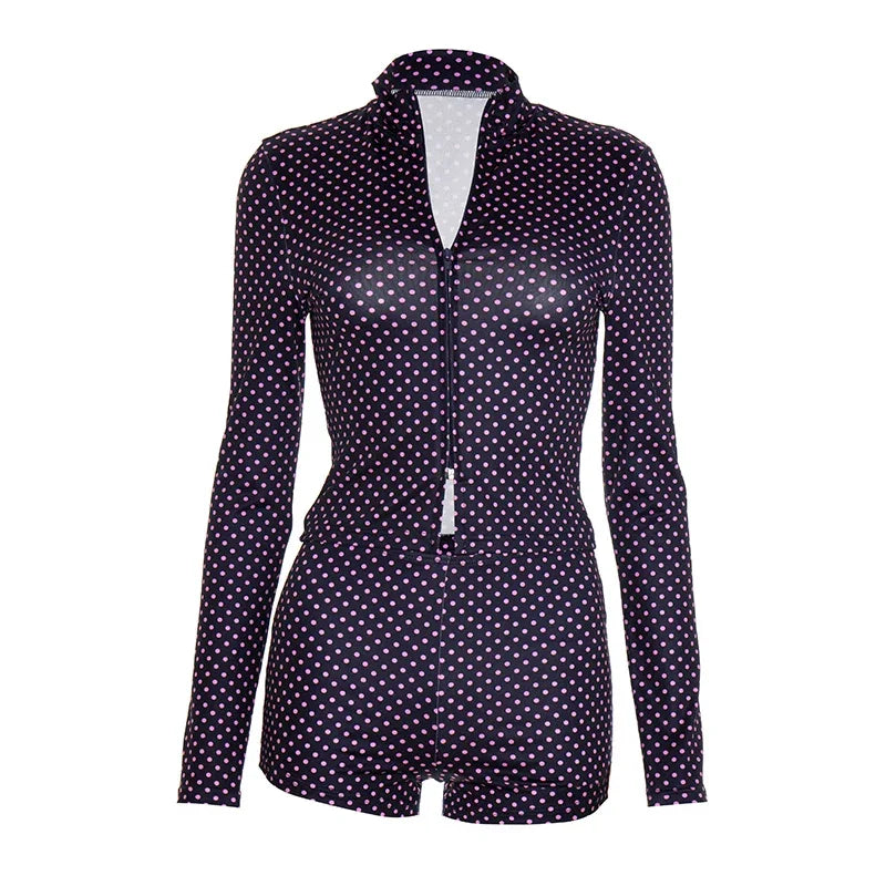 Mattituk Puss Polka Dot Print Women Tracksuit Zip Crop Two Piece Set
