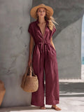 Workwear Style Jumpsuit for Women Zipper Front Short Sleeve Drawstring