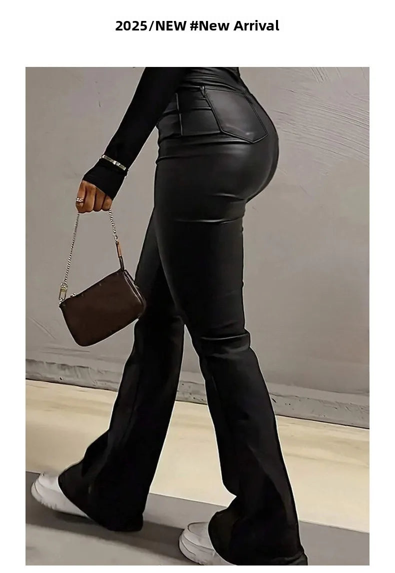 Liboa High Waist Slimming PU Leather Micro Flared Dragging Ground Casual Pants