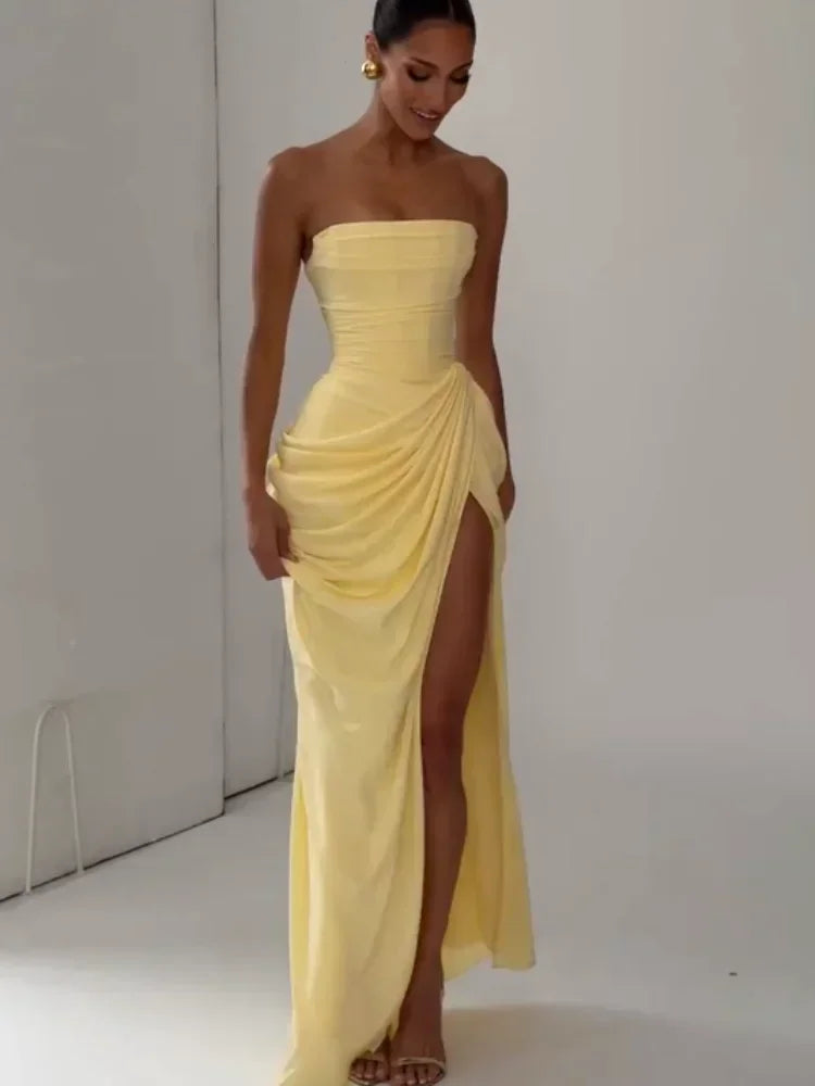 Tapansee Solid Sexy Pleated Strapless Off Shoulder Backless High Waist Split Maxi Dress