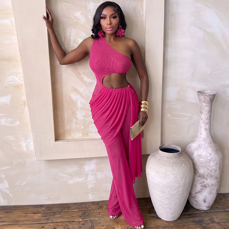 Alabama Mesh See Through One Shoulder Cutout Waist Jumpsuit Draped Overlay