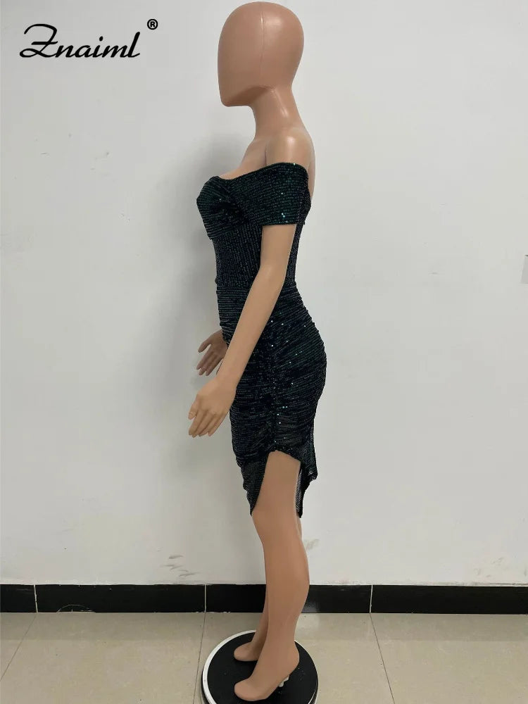 Virginia One Shoulder Bodycon Sparkly High Slit Midi Dresses