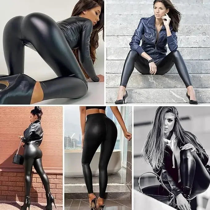 Red Bank PU Leather Leggings Leather Pencil Pants Female High Waist Sexy Skinny Thin Leather Trousers