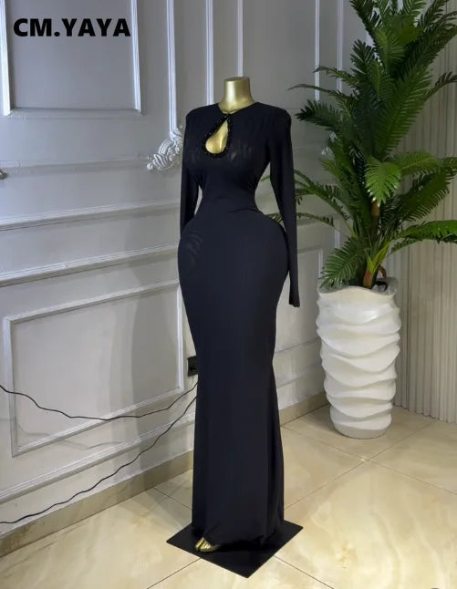 Hollow Out O Neck Long Sleeve Bodycon Sexy Birthday Party Maxi Long