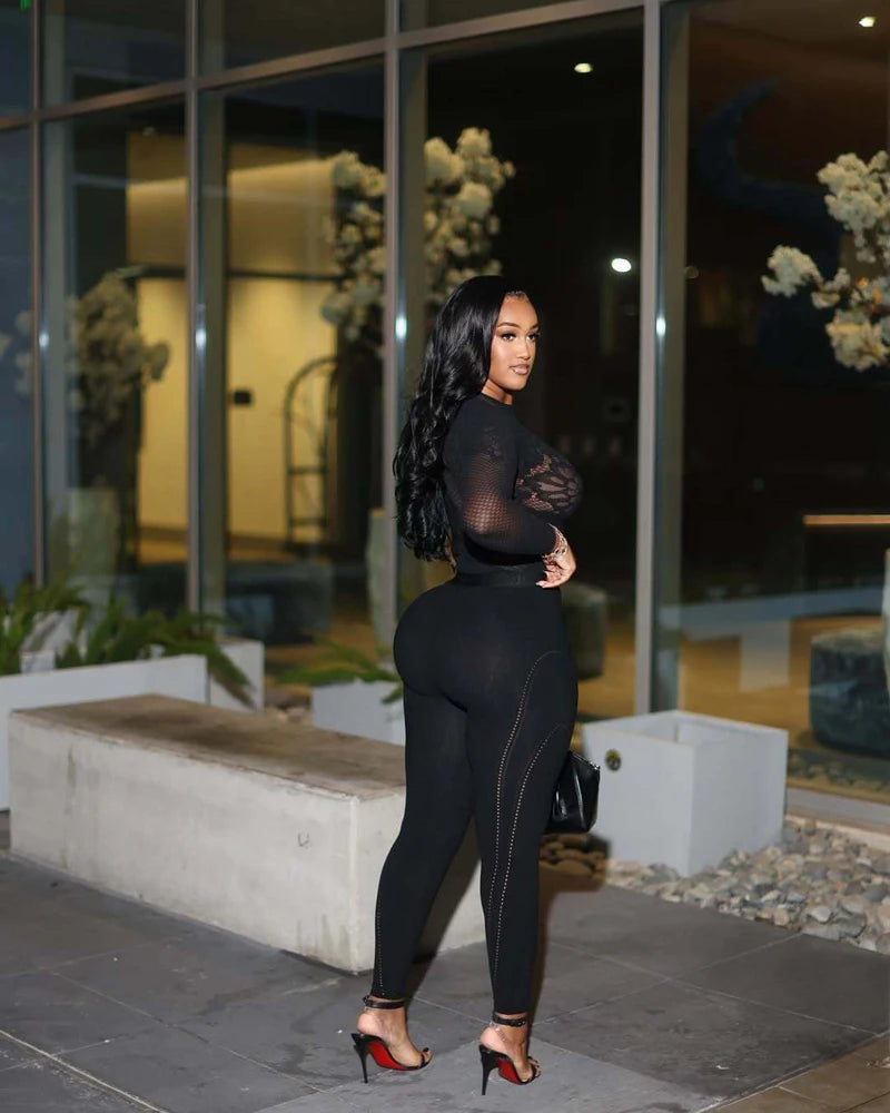 Alicia Floral Lace Mesh Long Sleeve Two Piece Sets